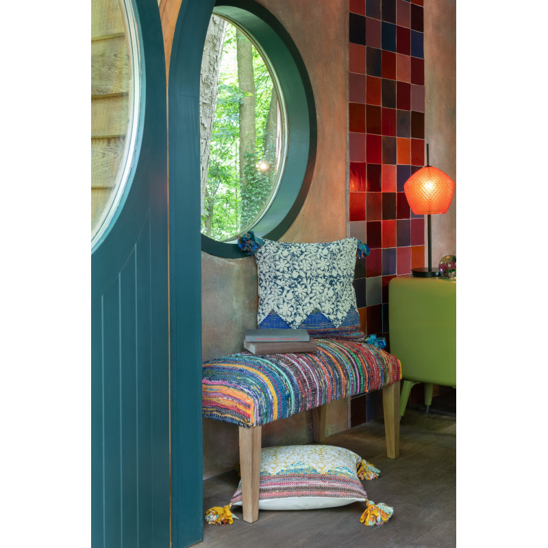 Coussin indien Carré 45x45 en Coton Jaune Rouge Bleu Avec pompons Motif fleurs Nory (Lot de 3) - 4