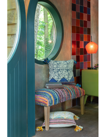 Coussin indien Carré 45x45 en Coton Jaune Rouge Bleu Avec pompons Motif fleurs Nory (Lot de 3) - 4