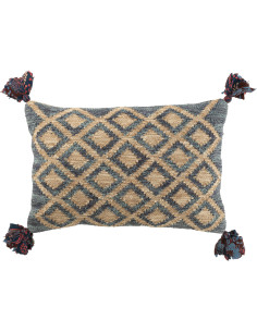 Grand Coussin africain Rectagulaire 60x40 en Coton Bleu Jute Naturel Avec pompons Motif losanges Hilo - 1