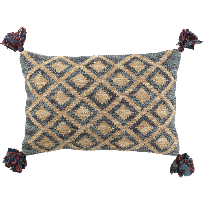Grand Coussin africain Rectagulaire 60x40 en Coton Bleu Jute Naturel Avec pompons Motif losanges Hilo - 1