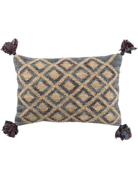 Grand Coussin africain Rectagulaire 60x40 en Coton Bleu Jute Naturel Avec pompons Motif losanges Hilo - 1