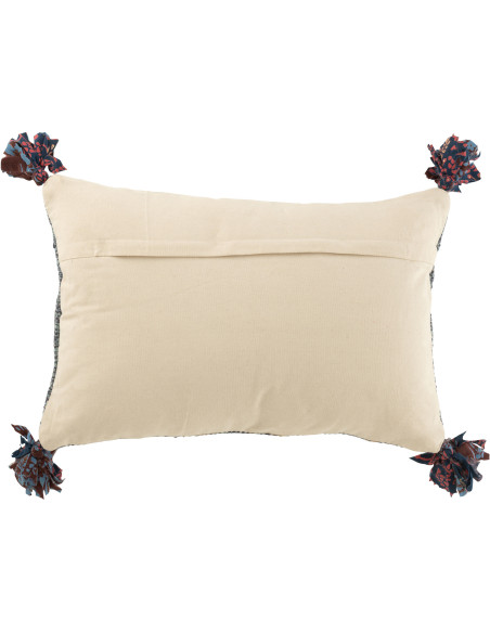 Grand Coussin africain Rectagulaire 60x40 en Coton Bleu Jute Naturel Avec pompons Motif losanges Hilo - 2