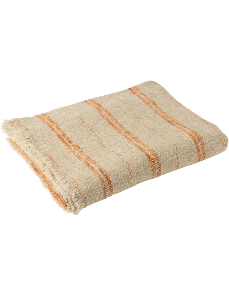 Plaid bohème 130x180 en Coton Lin Beige Orange Avec frange Motif lignes Toma - 1