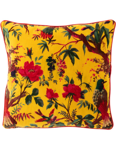 Coussin africain Carré 45x45 en Velours de coton Jaune Motif oiseaux et fleurs Zyvo - 1