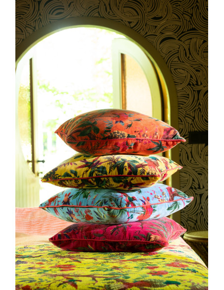 Coussin africain Carré 45x45 en Velours de coton Jaune Motif oiseaux et fleurs Zyvo - 2