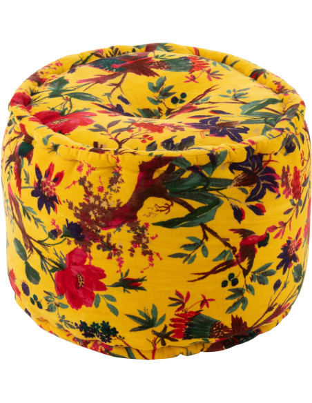 Pouf africain rond 40 cm en Velours de coton Jaune Motif oiseaux et fleurs Zyvo - 1