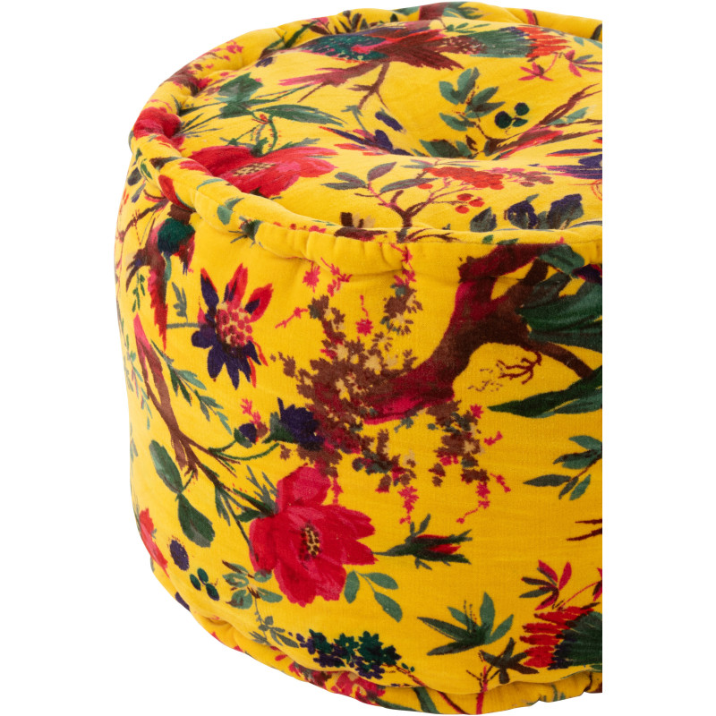 Pouf africain rond 40 cm en Velours de coton Jaune Motif oiseaux et fleurs Zyvo - 2