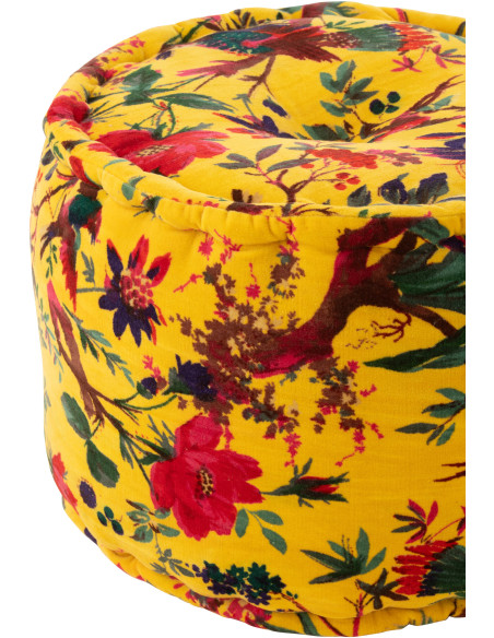 Pouf africain rond 40 cm en Velours de coton Jaune Motif oiseaux et fleurs Zyvo - 2