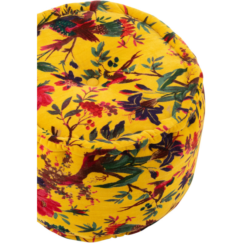 Pouf africain rond 40 cm en Velours de coton Jaune Motif oiseaux et fleurs Zyvo - 3