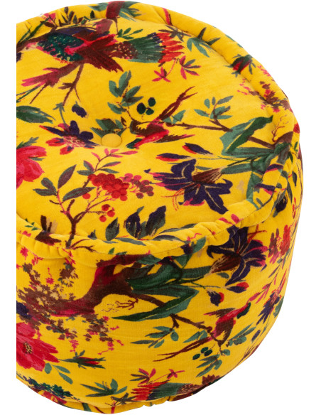 Pouf africain rond 40 cm en Velours de coton Jaune Motif oiseaux et fleurs Zyvo - 3