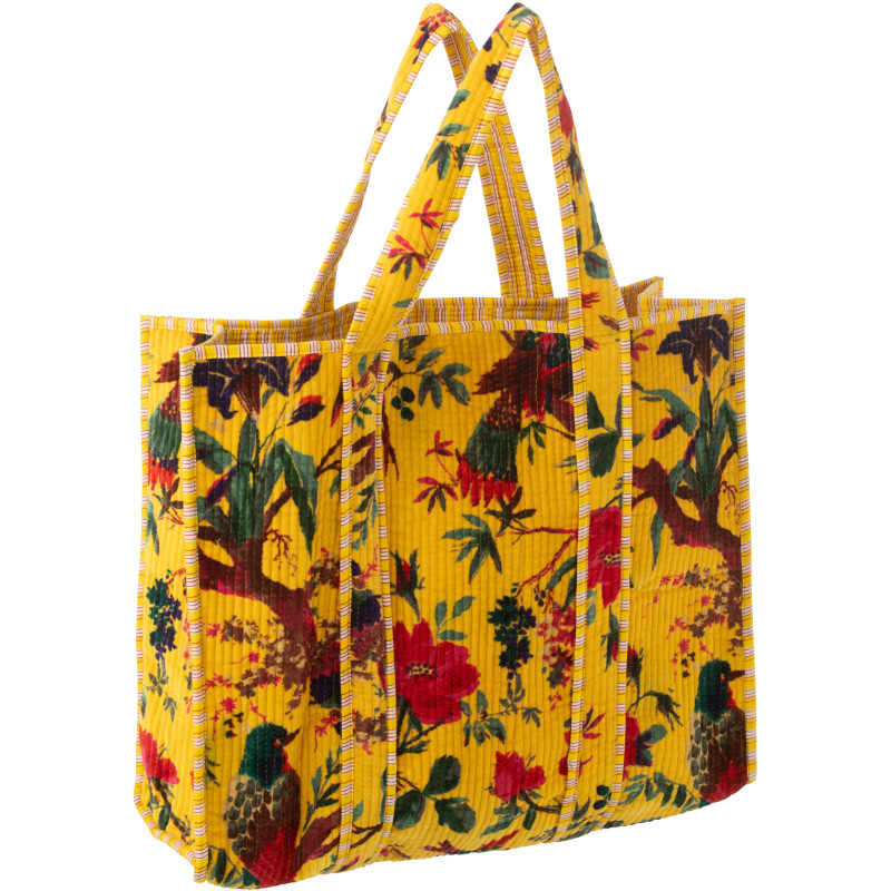 Sac Cabas africain 2 anses 45 cm en Velours de coton Jaune Motif oiseaux et fleurs Zyvo - 1