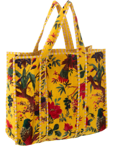 Sac Cabas africain 2 anses 45 cm en Velours de coton Jaune Motif oiseaux et fleurs Zyvo - 1