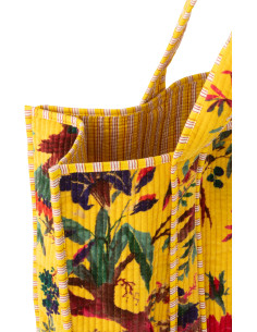 Sac Cabas africain 2 anses 45 cm en Velours de coton Jaune Motif oiseaux et fleurs Zyvo - 2