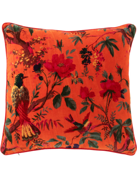 Coussin africain Carré 45x45 en Velours de coton Orange Motif oiseaux et fleurs Zyvo - 1