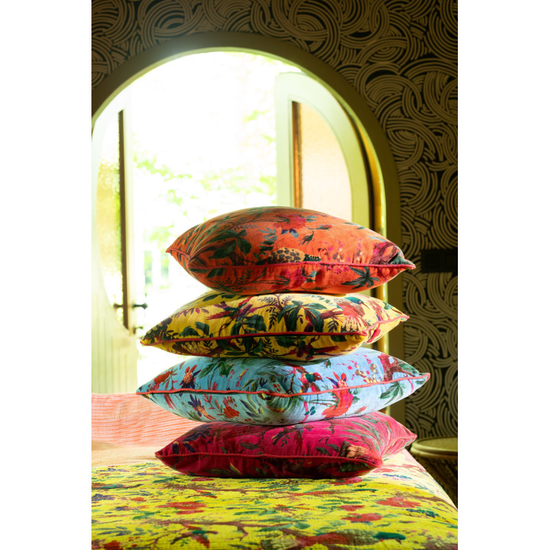 Coussin africain Carré 45x45 en Velours de coton Orange Motif oiseaux et fleurs Zyvo - 2