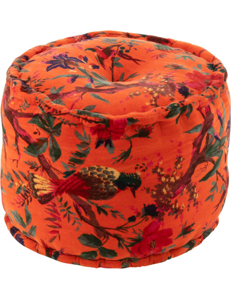 Pouf africain rond 40 cm en Velours de coton Orange Motif oiseaux et fleurs Zyvo - 1