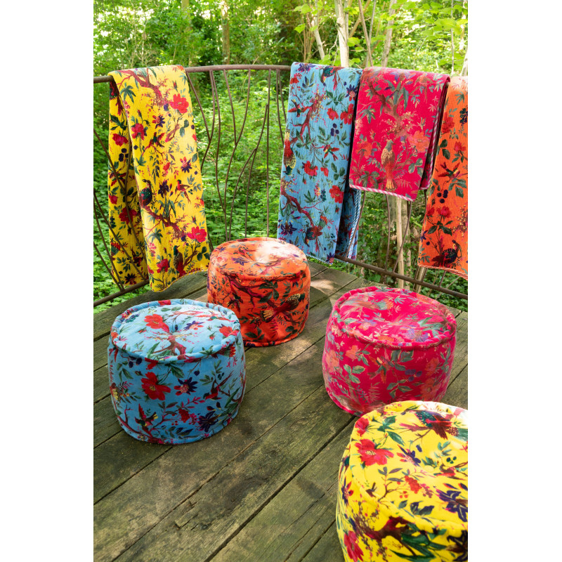 Pouf africain rond 40 cm en Velours de coton Orange Motif oiseaux et fleurs Zyvo - 2