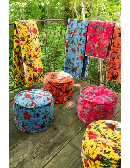 Pouf africain rond 40 cm en Velours de coton Orange Motif oiseaux et fleurs Zyvo - 2