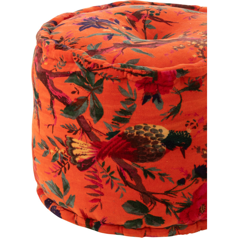Pouf africain rond 40 cm en Velours de coton Orange Motif oiseaux et fleurs Zyvo - 3