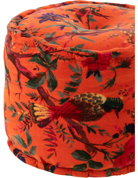 Pouf africain rond 40 cm en Velours de coton Orange Motif oiseaux et fleurs Zyvo - 3