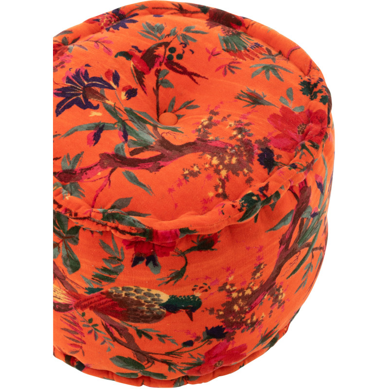 Pouf africain rond 40 cm en Velours de coton Orange Motif oiseaux et fleurs Zyvo - 4