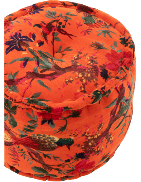 Pouf africain rond 40 cm en Velours de coton Orange Motif oiseaux et fleurs Zyvo - 4