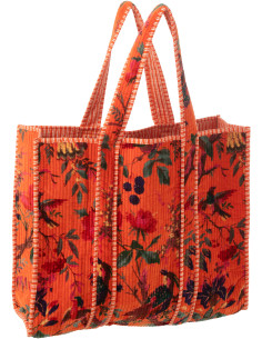 Sac Cabas africain 2 anses 45 cm en Velours de coton Orange Motif oiseaux et fleurs Zyvo - 1