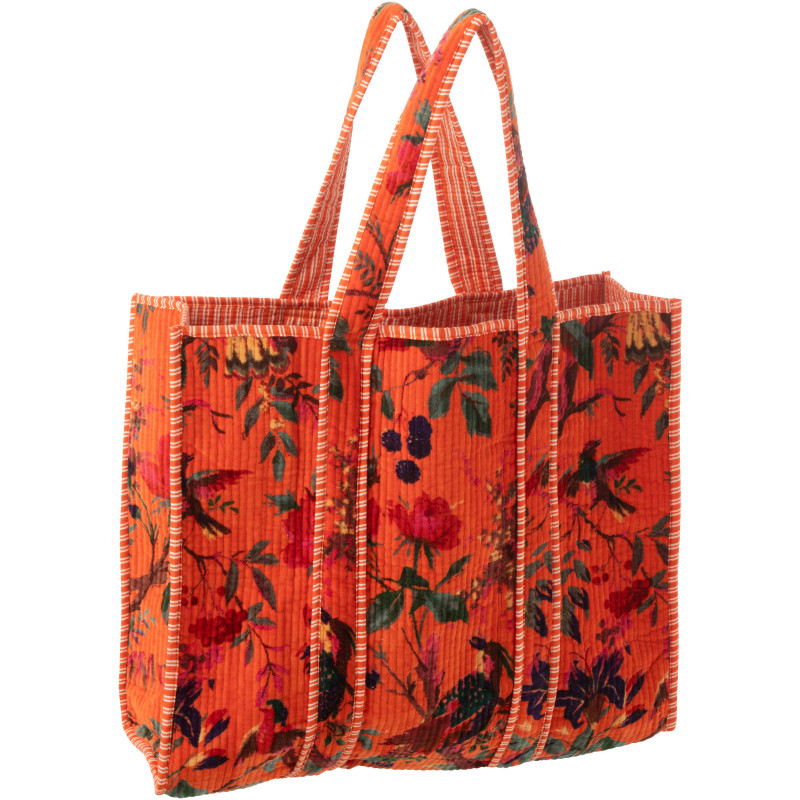 Sac Cabas africain 2 anses 45 cm en Velours de coton Orange Motif oiseaux et fleurs Zyvo - 1