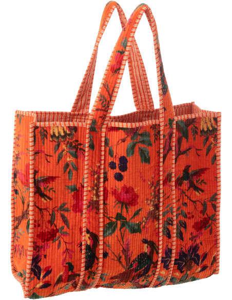 Sac Cabas africain 2 anses 45 cm en Velours de coton Orange Motif oiseaux et fleurs Zyvo - 1
