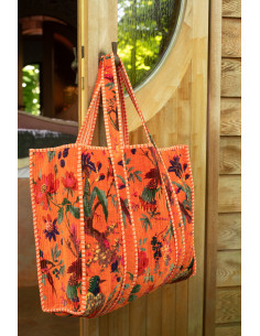 Sac Cabas africain 2 anses 45 cm en Velours de coton Orange Motif oiseaux et fleurs Zyvo - 2