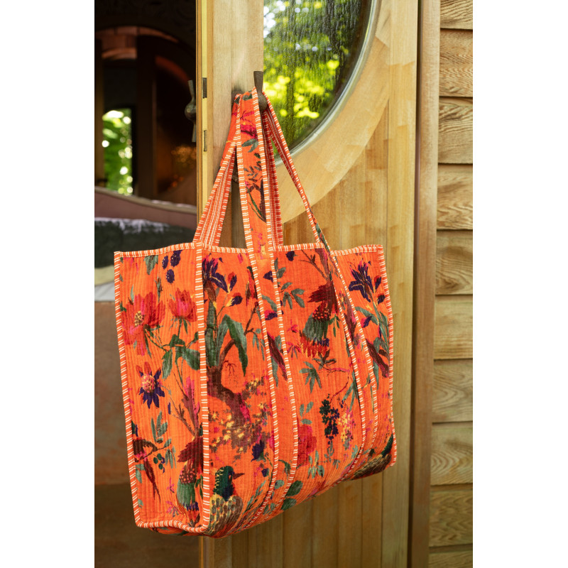 Sac Cabas africain 2 anses 45 cm en Velours de coton Orange Motif oiseaux et fleurs Zyvo - 2