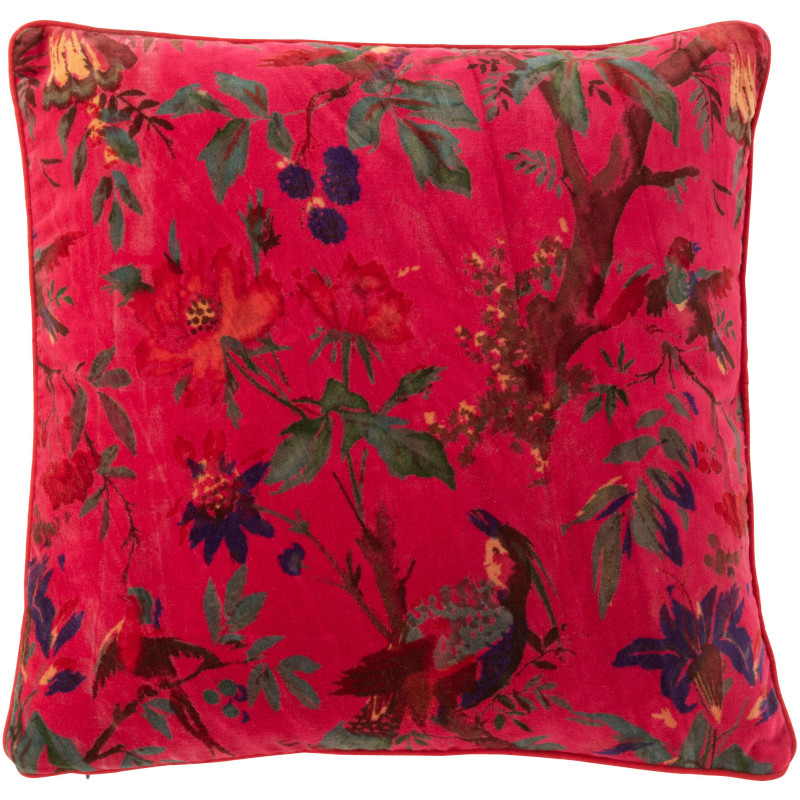 Coussin africain Carré 45x45 en Velours de coton Rose Motif oiseaux et fleurs Zyvo - 1