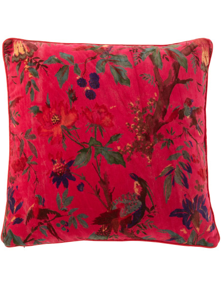 Coussin africain Carré 45x45 en Velours de coton Rose Motif oiseaux et fleurs Zyvo - 1