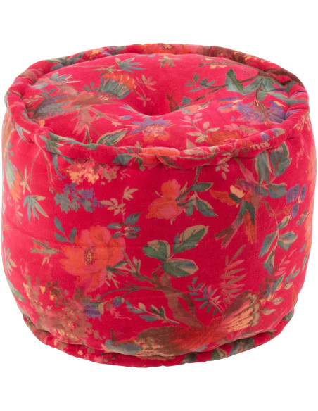 Pouf africain rond 40 cm en Velours de coton Rose Motif oiseaux et fleurs Zyvo - 1