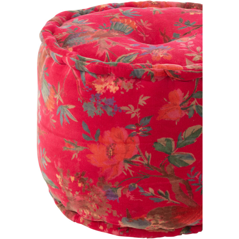 Pouf africain rond 40 cm en Velours de coton Rose Motif oiseaux et fleurs Zyvo - 3