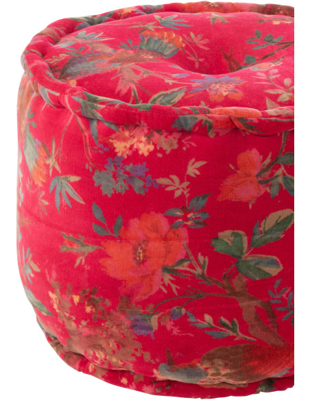 Pouf africain rond 40 cm en Velours de coton Rose Motif oiseaux et fleurs Zyvo - 3