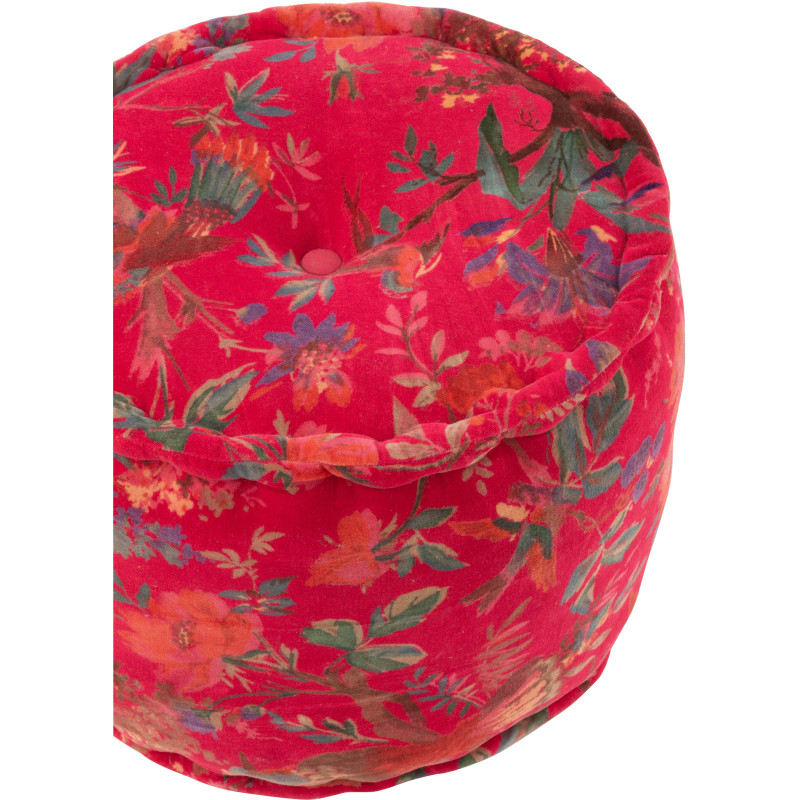 Pouf africain rond 40 cm en Velours de coton Rose Motif oiseaux et fleurs Zyvo - 4