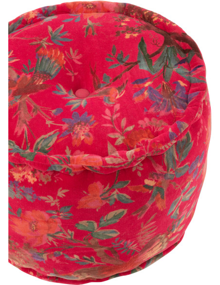 Pouf africain rond 40 cm en Velours de coton Rose Motif oiseaux et fleurs Zyvo - 4
