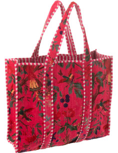 Sac Cabas africain 2 anses 45 cm en Velours de coton Rose Motif oiseaux et fleurs Zyvo - 1