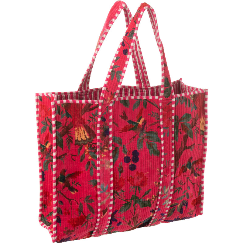 Sac Cabas africain 2 anses 45 cm en Velours de coton Rose Motif oiseaux et fleurs Zyvo - 1