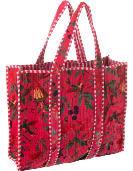 Sac Cabas africain 2 anses 45 cm en Velours de coton Rose Motif oiseaux et fleurs Zyvo - 1