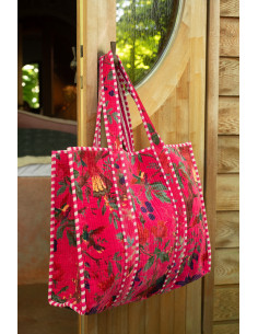 Sac Cabas africain 2 anses 45 cm en Velours de coton Rose Motif oiseaux et fleurs Zyvo - 2