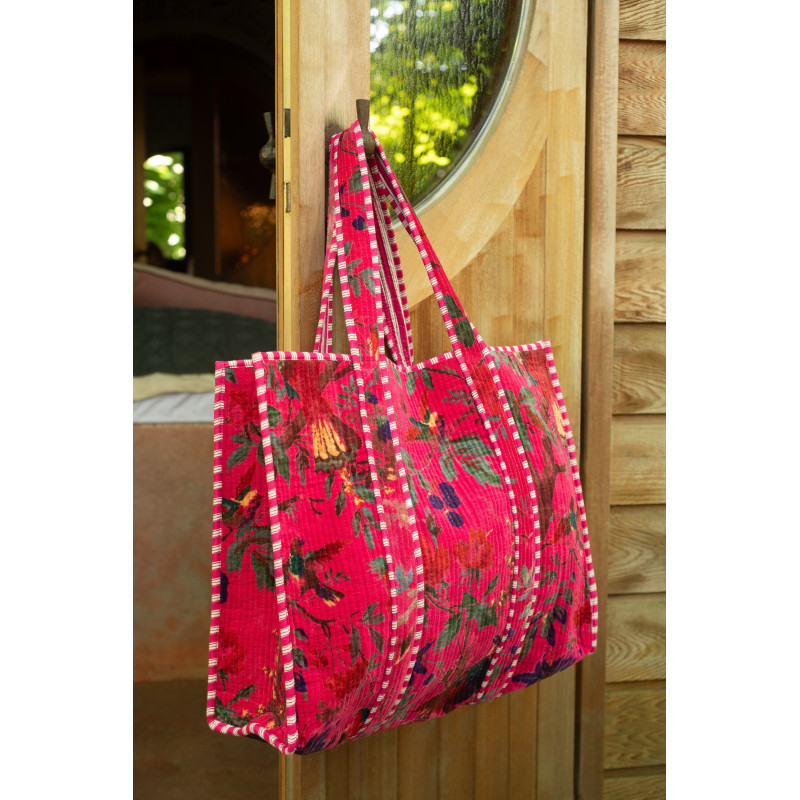 Sac Cabas africain 2 anses 45 cm en Velours de coton Rose Motif oiseaux et fleurs Zyvo - 2