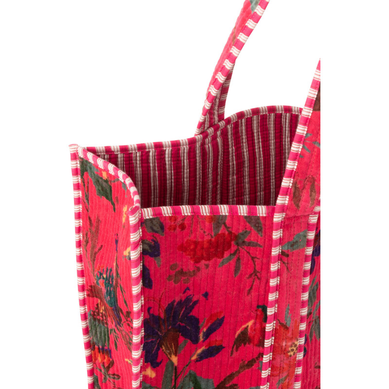 Sac Cabas africain 2 anses 45 cm en Velours de coton Rose Motif oiseaux et fleurs Zyvo - 3