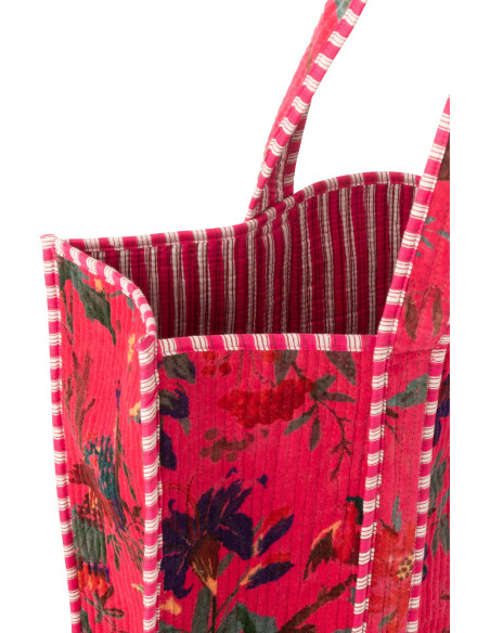 Sac Cabas africain 2 anses 45 cm en Velours de coton Rose Motif oiseaux et fleurs Zyvo - 3
