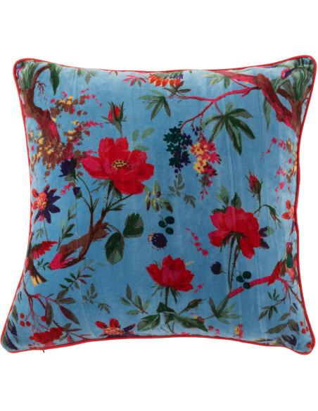 Coussin africain Carré 45x45 en Velours de coton Bleu Motif oiseaux et fleurs Zyvo - 1