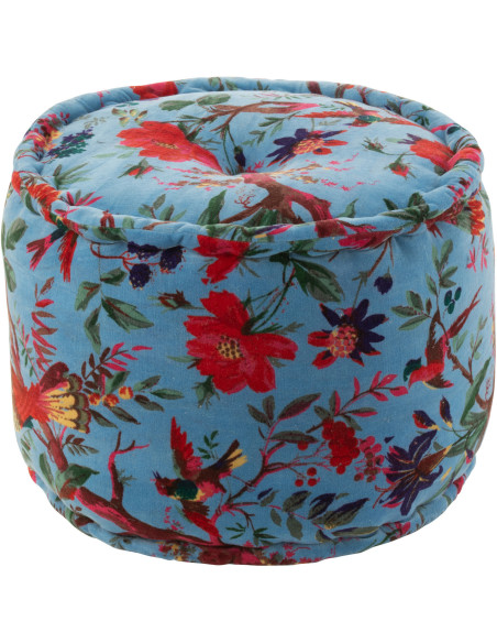 Pouf africain rond 40 cm en Velours de coton Bleu Motif oiseaux et fleurs Zyvo - 1
