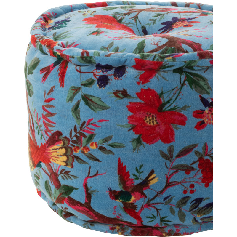 Pouf africain rond 40 cm en Velours de coton Bleu Motif oiseaux et fleurs Zyvo - 3
