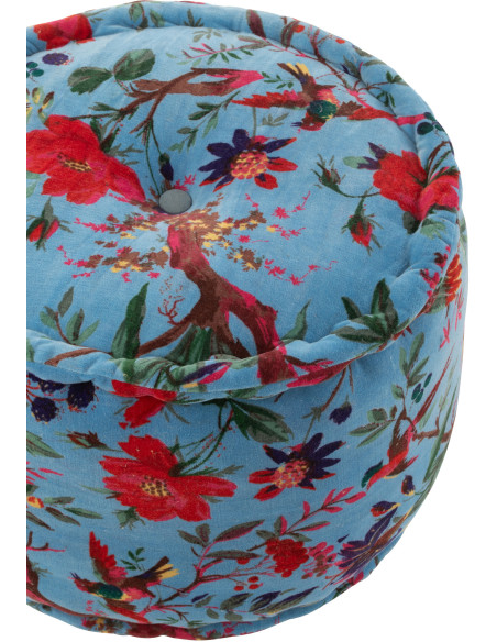 Pouf africain rond 40 cm en Velours de coton Bleu Motif oiseaux et fleurs Zyvo - 4