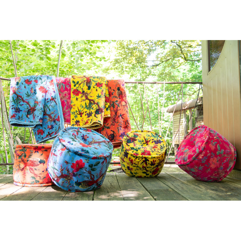 Pouf africain rond 40 cm en Velours de coton Bleu Motif oiseaux et fleurs Zyvo - 5
